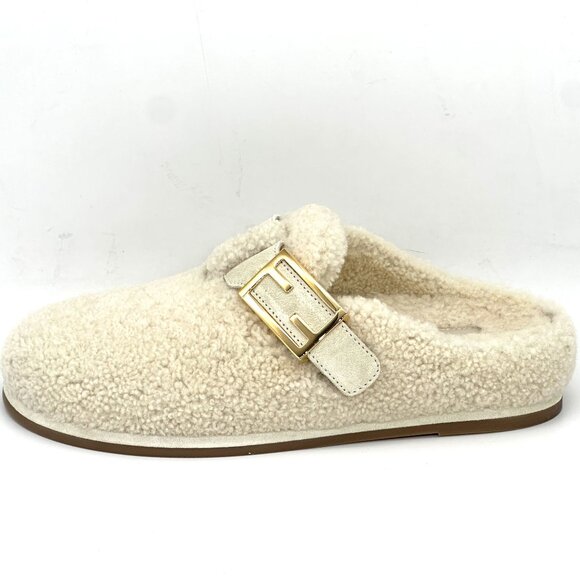 FENDI Feel FF Shearling  Buckled Sabots Mules Slides Flat Clog Sandals - Picture 5 of 16